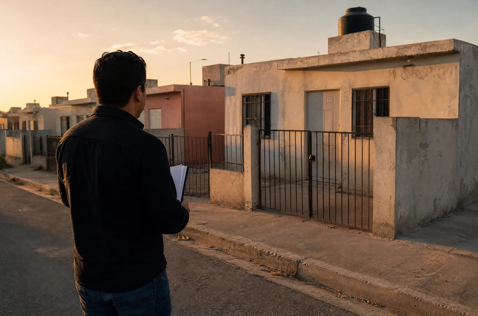 Hombre con una carpeta frente a una casa de interés social sin remodelar al amanecer
