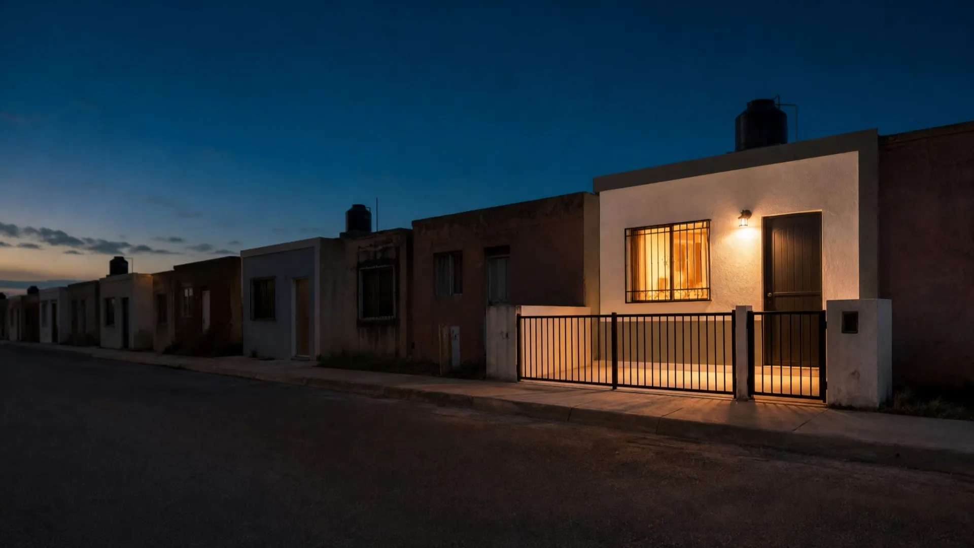 Casa de interés social remodelada e iluminada al anochecer en México